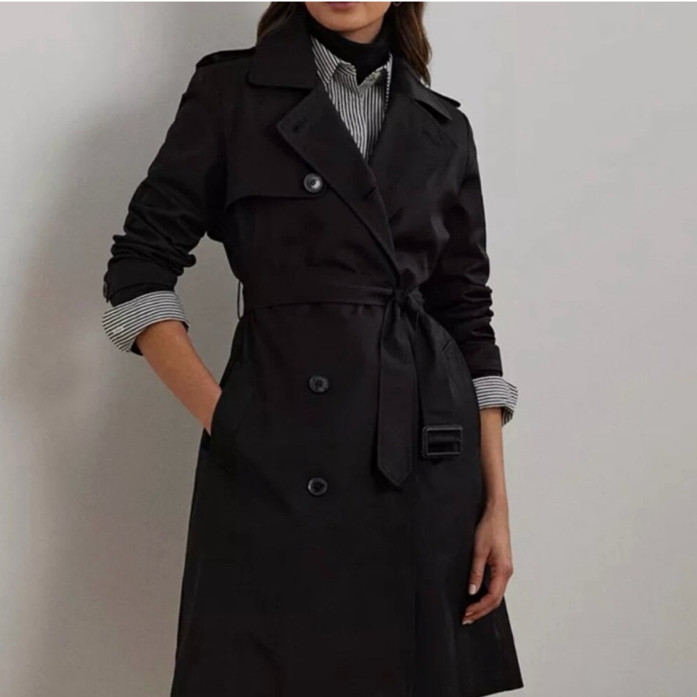 LAUREN Ralph Lauren The Split Needle Skirted Classic Black Trench Coat SZ: M